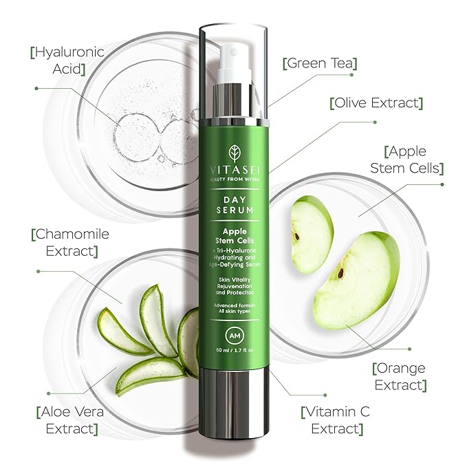 AM Day Serum W/Apple Stem Cells, Hyaluronic Acid, Green Tea, Chamomile Extract, Orange, Vitamin C, Olive & Aloe Vera for Face - Anti-Aging & Moisturizing Facial Serum for Women - 1.7 Fl oz