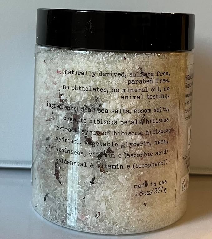 Organic Hibiscus Petals Bath Salts by Nabila K - Dead Sea Salt & Epsom Salt Scrub & Soak - Exfoliates & Hydrates Skin, Botanical Essential Oils - Bubble Bath Accessories for All Skins Types, 8 oz
