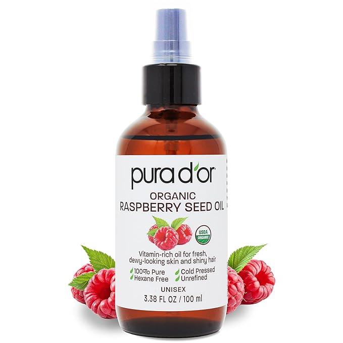PURA D'OR 3.38 Oz ORGANIC Red Raspberry Seed Oil - 100% Pure USDA Certified, Cold Pressed Unrefined, Hexane-Free, Premium Grade - Sun Protection For Skin, Body & Hair
