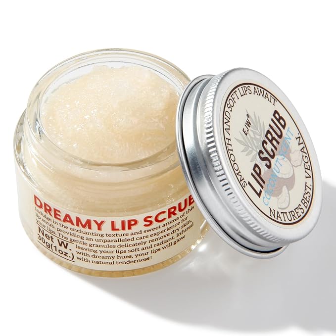 EJW Nourishing Lip Scrub - Infused with Coconut Oil, Olive Fruit Oil, and Jojoba Seed Oil, 1.05oz - Exfoliate, Hydrate, and Glow for Chapped Dry, Dark Lips