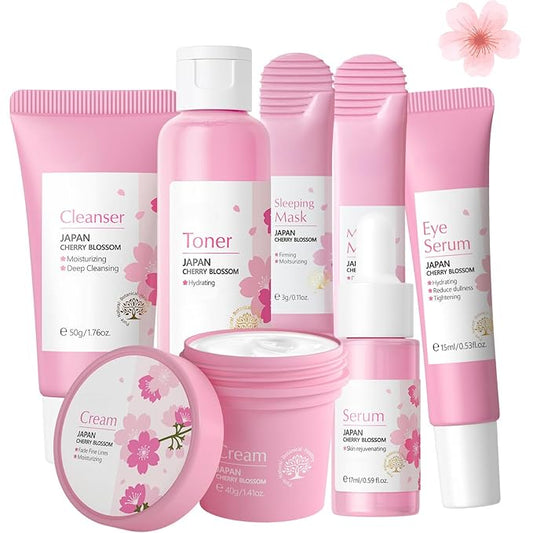Sakura Skin Care Set, Women Gift Sets, Skin Care Kit with Cleanser, Toner, Serum, Eye Cream, Face Cream and 2Pcs Sleep Mask, Skin Care Routine Kit for Women, Even Skin Tone, Skin Care Sets & Kits