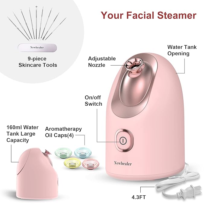 Newbealer Facial Steamer, Mini Aroma Face Steamer, Nano Ionic Hot Mist Facial Humidifier Atomizer, Home Sauna Spa Sprayer Moisturizing Cleansing Pores, 9 Pieces Acne Remover Kit (Pink-Gold, 160ml)
