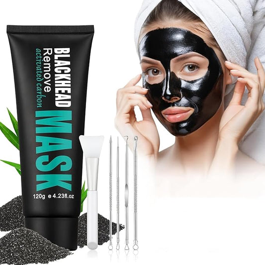 Blackhead Remover Mask, Activated Charcoal Peel Off Face Mask, Deep Cleansing Mask for Face Nose, Black Head Purifying Mask with Pimple Extractor and Brush, 120g / 4.23Fl Oz