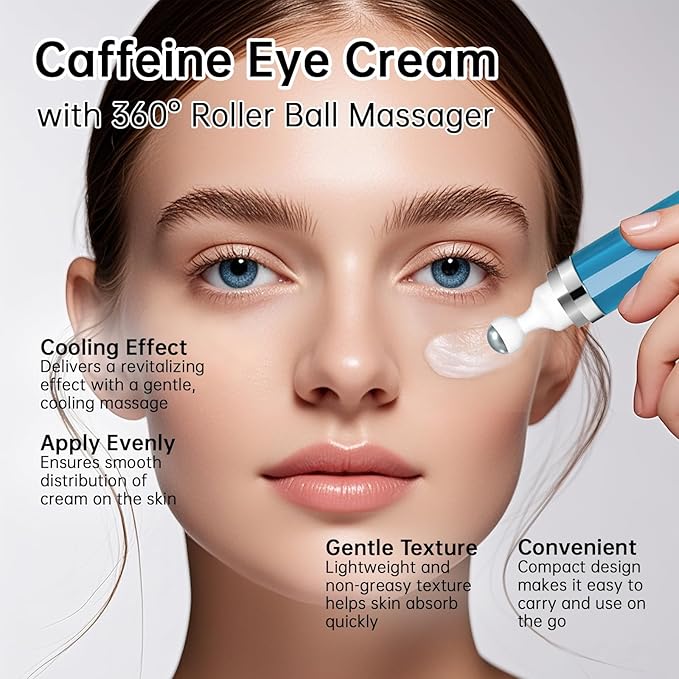5% Caffeine Eye Cream Anti Aging, Cream For Puffiness & Bags Under Eyes, 1 PCS Caffeine Eye Serum With Under Roller For Wrinkles, Fine Lines & Dark Circles, Natural Eyes Daily Care