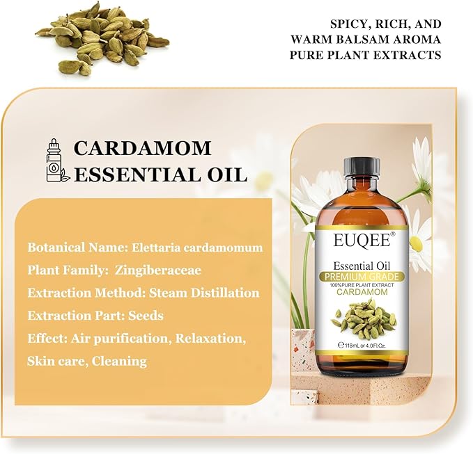 Cardamon Essential Oil 118 ml Large Bottle Premium Cardamon Oil with Glass Dropper, Great for Diffusers, Candle & Soap Making-4oz