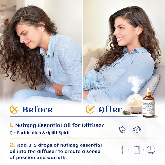 HIQILI Nutmeg Essential Oil 3.38 Fl Oz, Pure Natural Nutmeg Oil for Aromatherapy, Diffuser - 100ml