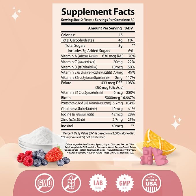 Mommyz Love Biotin 5000mcg Hair Skin and Nails Vitamin Gummies - Biotin Gummies for Hair Growth & Radiant Skin During Post Partum Recovery & Adjustment Period - Post Partum Vitamins with Folate