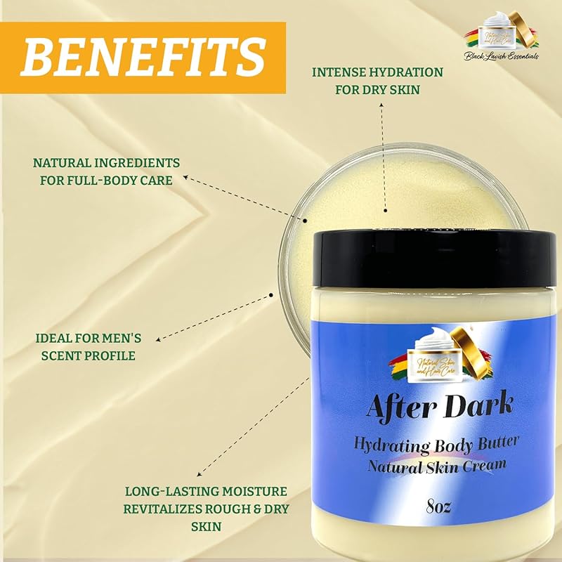 Ultra-Soft Shea Body Butter, Dry Skin Cream for Radiant Moisturized Skin, Natural Hydrating Body Lotion with Aloe Vera, Argan Oil, Rosehip Oil, (Men's After Dark, 8oz)