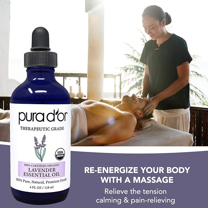 PURA D'OR Organic Lavender Essential Oil (4oz with Glass Dropper) 100% Pure & Natural Therapeutic Grade for Hair, Body, Skin, Aromatherapy Diffuser, Relaxation, Meditation, Massage, Home, DIY Soap