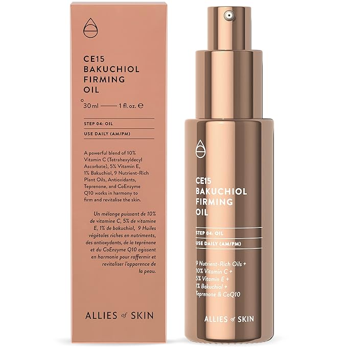 Allies of Skin CE15 Bakuchiol Firming Oil: Firming Facial Oil with 10% Vitamin C, 5% Vitamin E, 1% Bakuchiol Retinol, 3% Renovage™. 30 ml/ 1 oz