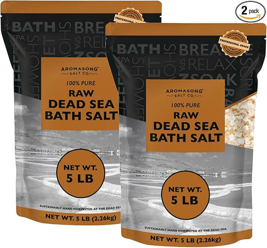 Aromasong Raw Dead Sea Salt for Soaking - Minimal Cleaned Bath Salt Soak - 10 Lbs (2 x 5 lb. Bags) Bulk Resealable Pack - Leaves Your Skin Softer Then Epsom Salt