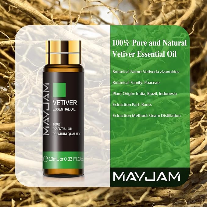 Vetiver Essential Oil, MAYJAM 10ML/0.33FL.OZ Premium Vetiver Oils for Soap Candle Making, Diffuser, Bedroom, Living Room, Office