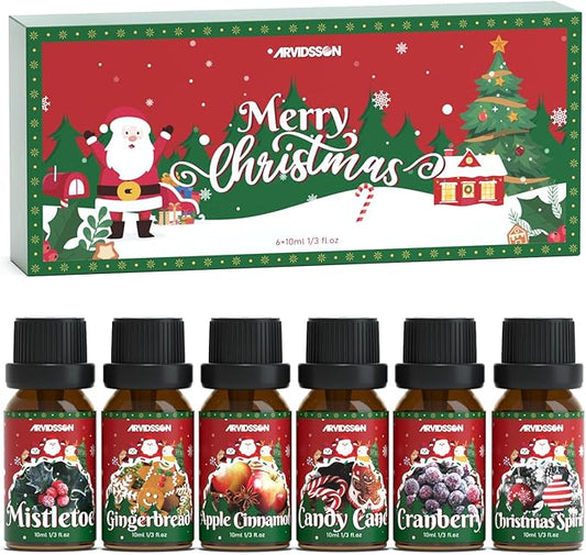 Christmas Fragrance Oil Set, ARVIDSSON Holiday Essential Oils for Diffuser, Mistletoe, Gingerbread, Apple Cinnamon, Candy Cane, Cranberry, Christmas Spirit, Merry Christmas Scented Oil Gift Set