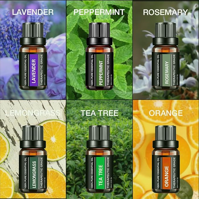 Essential Oils Sets Pure Oils kit- Top 6 Aromatherapy Oils Gift Set-6 Pack, 10ML(Rosemary, Lavender, Lemon Grass, Orange, Peppermint, Tea Tree)