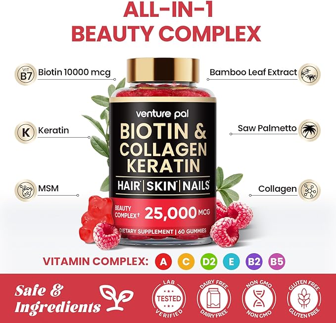 Venture Pal Biotin Gummies with Collagen & Keratin - Hair Growth Support Skin and Nail Strength Vitamins for Women & Men - Biotin 10000mcg | B-Complex | Saw Palmetto - Sugar Free, Non-GMO, 60ct