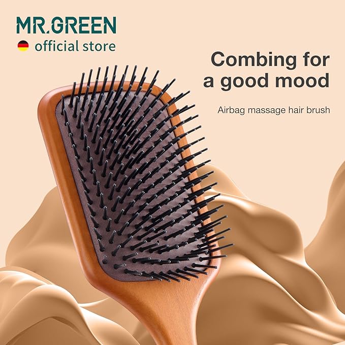 MR.GREEN Hair Brush Natural Maple Wide Board Massage Scalp Comb Air Cushion Anti-Static Detangle Brush For Curly Long Hair Both Women Men (Large)