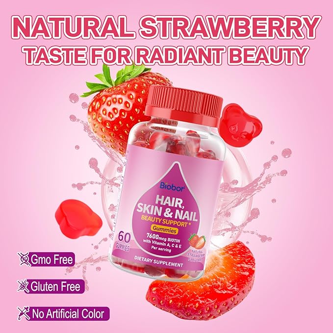 Natural Hair Skin and Nails Vitamins Gummies, 7600mcg Biotin Gummies with Vitamins A C E for Women Men Beauty Support Supplement, GMO Free, Gluten Free (Strawberry Flavor, 60 Count)