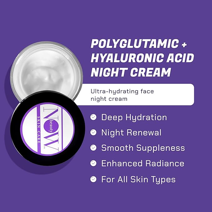 Polyglutamic Plus Hyaluronic Acid Night Cream - Deeply Hydrating Moisturizer - Overnight Anti-Aging Cream for Face - Vegan – Sulfate & Paraben Free - For Men & Women - Travel Size - 1.7 oz