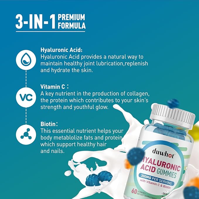 Hyaluronic Acid Gummies, Hyaluronic Acid Supplements Gummies, Hyaluronic Acid with Vitamin C & Biotin 5000mcg for Hair Skin Nails Gummies, 120 Chews