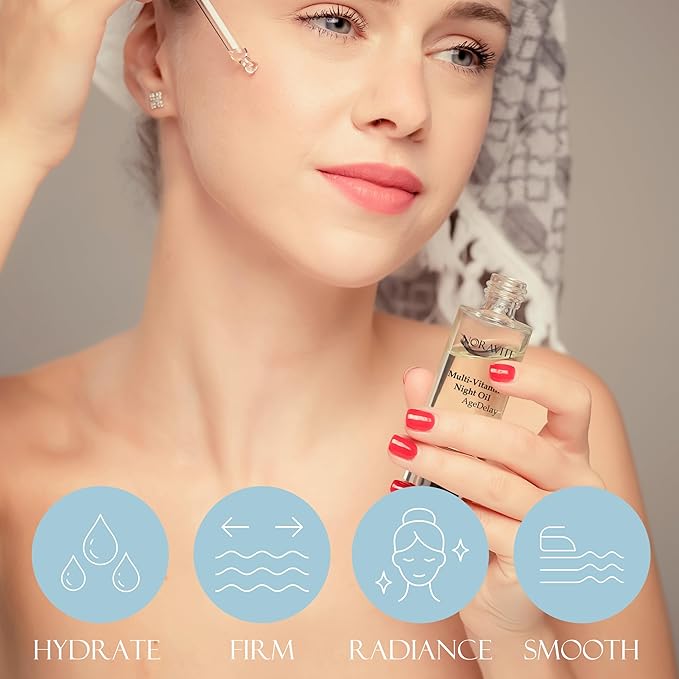 AgeDelay Multi-Vitamin Night Facial Oil - Intensive Skin Tightening Oil & Moisturizer - Nourishes Protects & Rejuvenates - Antioxidant Serum w/Vitamin E, Omega 3,6,9 & Seaweed - 30ml