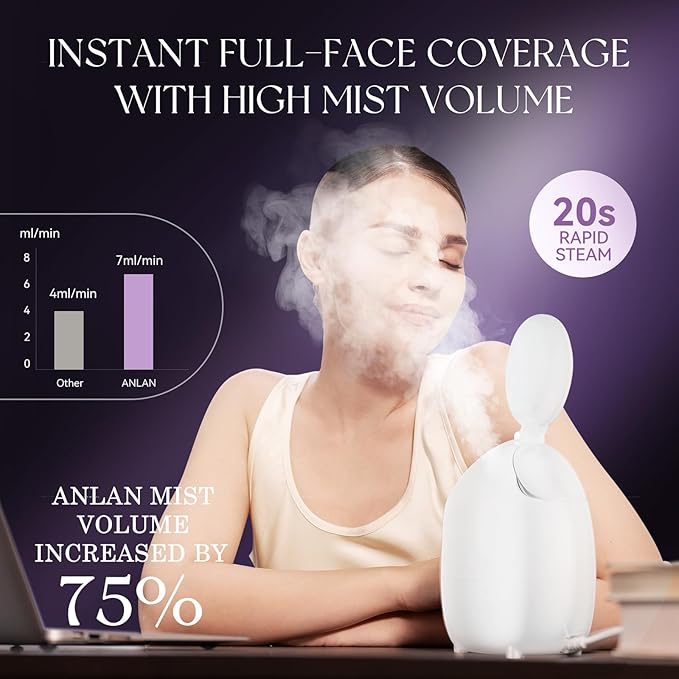 ANLAN Facial Steamer with Adjustable Makeup Mirror & Nozzle, 30s Fast Steam, Large Water Tank for Home Facial Spa, Anti-Dry-Burn & Anti-Slip Design, Face Steamer for Dry Skin - Hydrates & Opens Pores