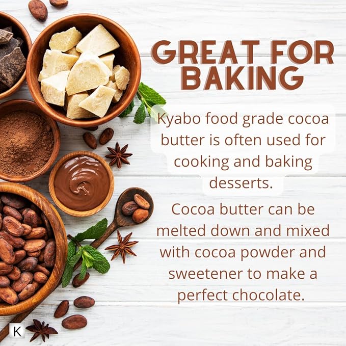 Kyabo 100% Pure and All Natural Cocoa Butter - 3lb - Food Grade - great for making lip balm, cream, hair products, candle, hair removal and craft projects - Made with Organic Cacao
