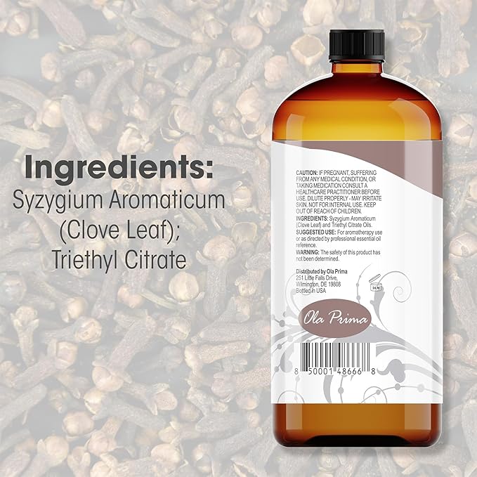 Ola Prima Clove Essential Oil for Aromatherapy, Diffuser, Soap, and Skin Moisturizer (16oz Bulk)
