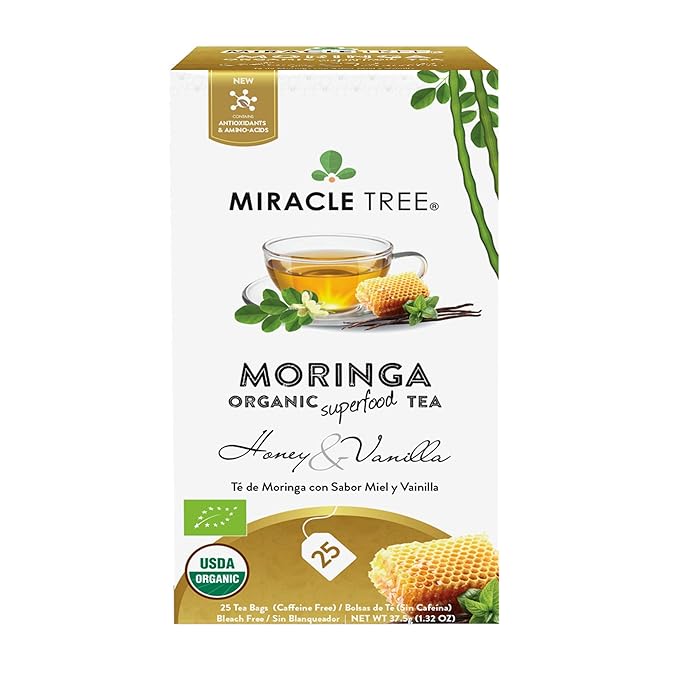 Miracle Tree - Organic Moringa Superfood Tea, 25 Individually Sealed Tea Bags, Honey & Vanilla (Keto, Detox, Energy/Immunity Booster, Vegan, Gluten-Free, Organic, Non-GMO, Caffeine-Free)