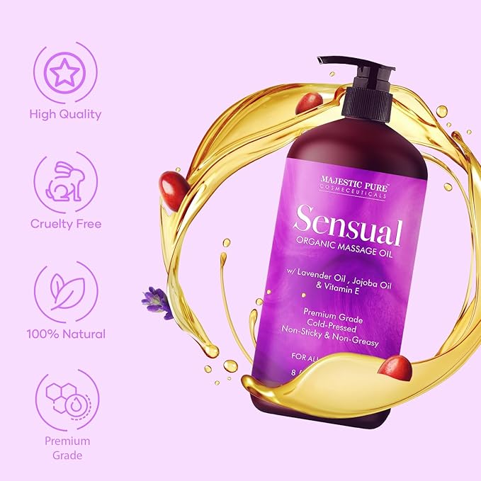 MAJESTIC PURE Organic Sensual Massage Oil for Couples - Relaxing Full Body Oil for Date Night with Vitamin E - Vegan Lavender Massage Oil for Massage Therapy Smooth Gliding Formula 8 Fl Oz