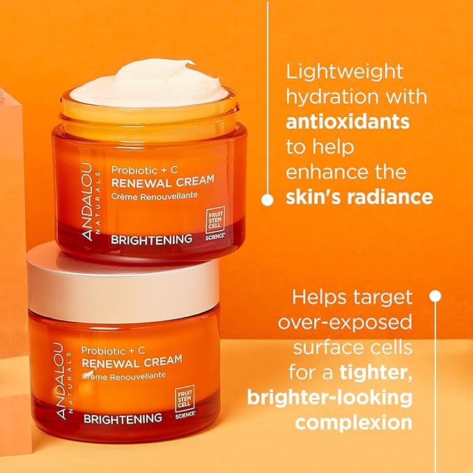 Andalou Naturals Skin Tone and Texture Improving Bundle Probiotic + C Renewal Cream, 1.7 Oz Turmeric + C Enlighten Serum, 1.1 Fl Oz.