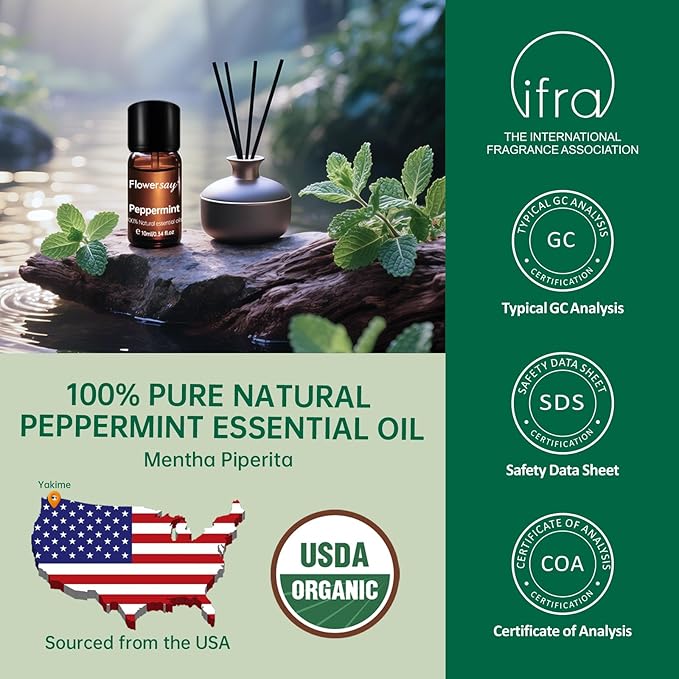 100% Pure Peppermint Essential Oil – Cooling Mint Aroma for Diffuser, Hair & Skin,Natural Mint Oil for Face, Body & Self-Care,0.34 Fl Oz for Aromatherapy & DIY Candles,USDA Certified Organic