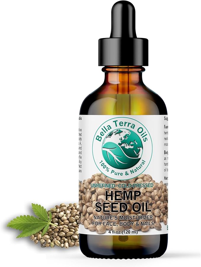 Bella Terra Oils - Hemp Seed Oil 4 oz - Dive into the World of Linoleic Acid & Alpha-Linolenic Acid, Packed with Essential Vitamins, Perfect for Cosmetic Elixirs