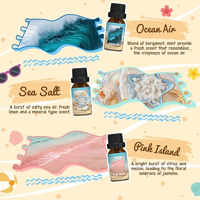 Beach Fragrance Oils Set, ARVIDSSON Summer Essential Oils for Diffuser - Beachy Breeze, Ocean Air, Pina Colada, Pink Sand, Sea Salt, Island Time, Tropical Scented Oil