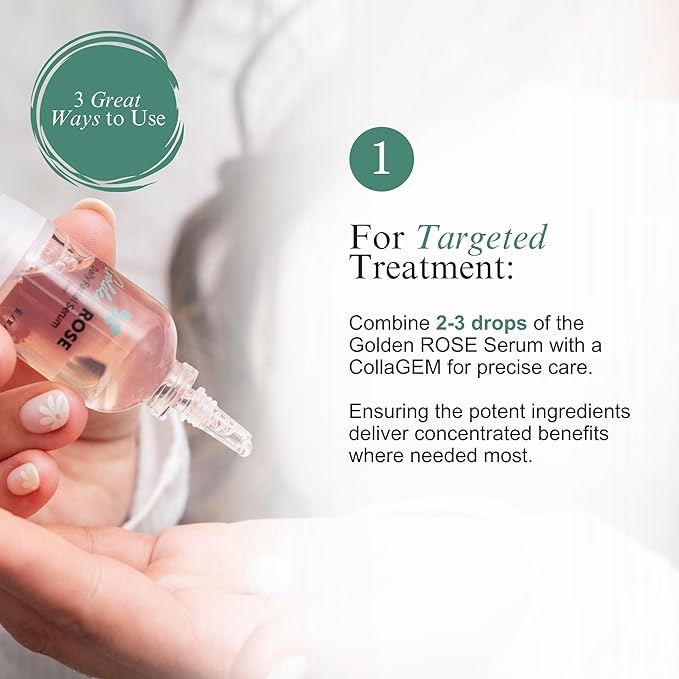 Golden ROSE Serum + CollaGEMS - Pure Rose Essential Oil with Colloidal Gold, Hyaluronic Acid & Vitamin C & Collagen Balls - Daily Face Routine for Anti-aging, Firming, Restore & Brighten Skin