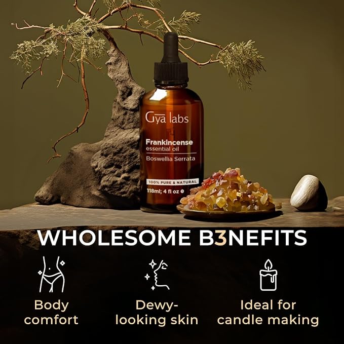 Gya Labs Frankincense Essential Oil - Huge 4 Fl Oz - 100% Pure Natural Frankincense Oil for Skin, Face, Body, Massages & Candle Making Scent - Premium Grade for Wellness & Comfort - Woody & Calming