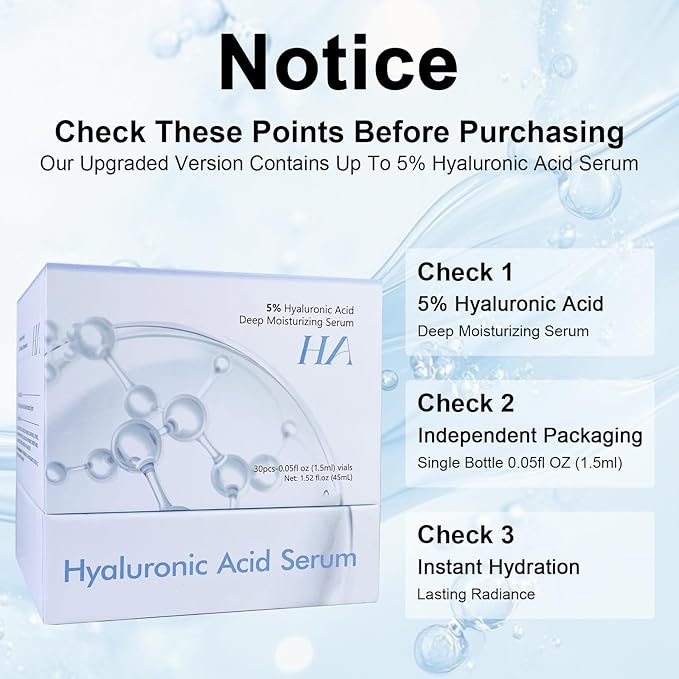 5% Hyaluronic Acid Serum Ultra Moisturizing & Elastic Skin - Wake Nature Perfection Hyaluronic Acid - Anti-Aging Serum for Face Single-Use Vials Skincare - Repair Sensitive Skin (1.5 ml)*30