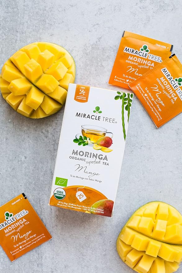 Miracle Tree - Organic Moringa Superfood Tea, 25 Individually Sealed Tea Bags, Mango (Keto, Detox, Energy & Immunity Booster, Vegan, Gluten-Free, Organic, Non-GMO, Caffeine-Free)