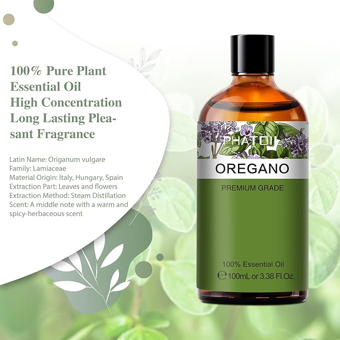 Oregano 3.38fl.oz Essential Oil, PHATOIL Pure Aromatherapy Oils for Diffuser, Humidifier, Perfect for DIY Soap, Candle, Bath Bombs Making(100ml)