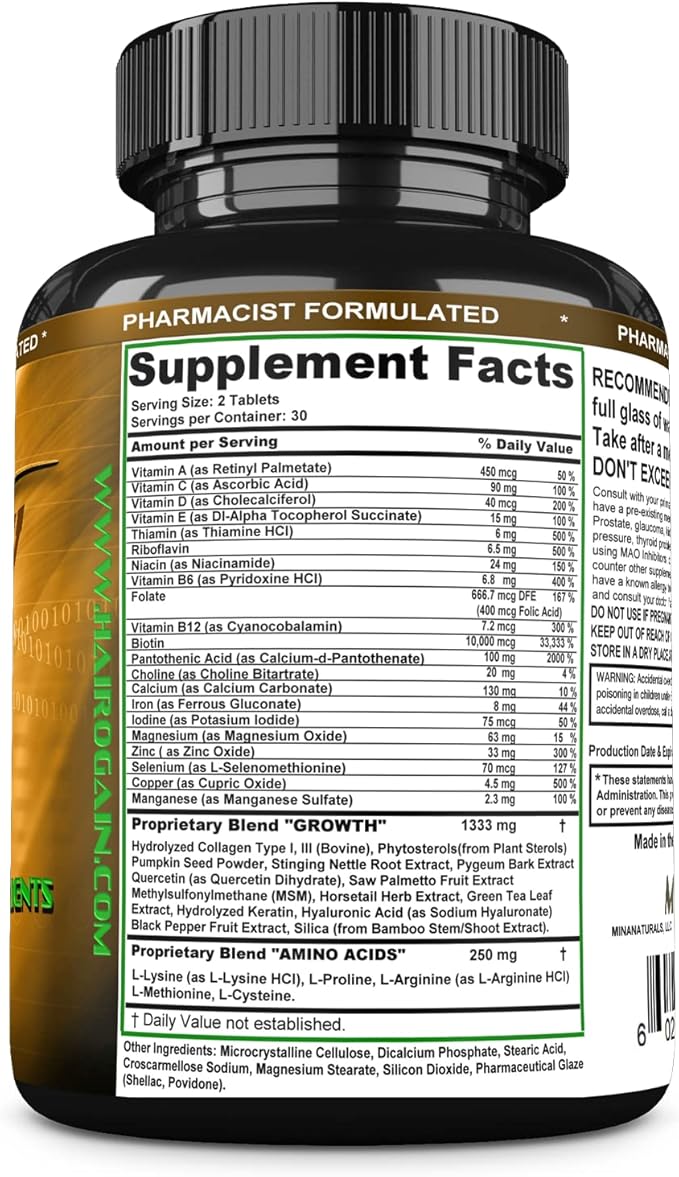 HAIROGAIN DHT Blocker. Support Hair Growth. 10000 mcg Biotin, Collagen & Hair Vitamins Added. Help Decrease Hair Loss and Baldness. 60 Tablets