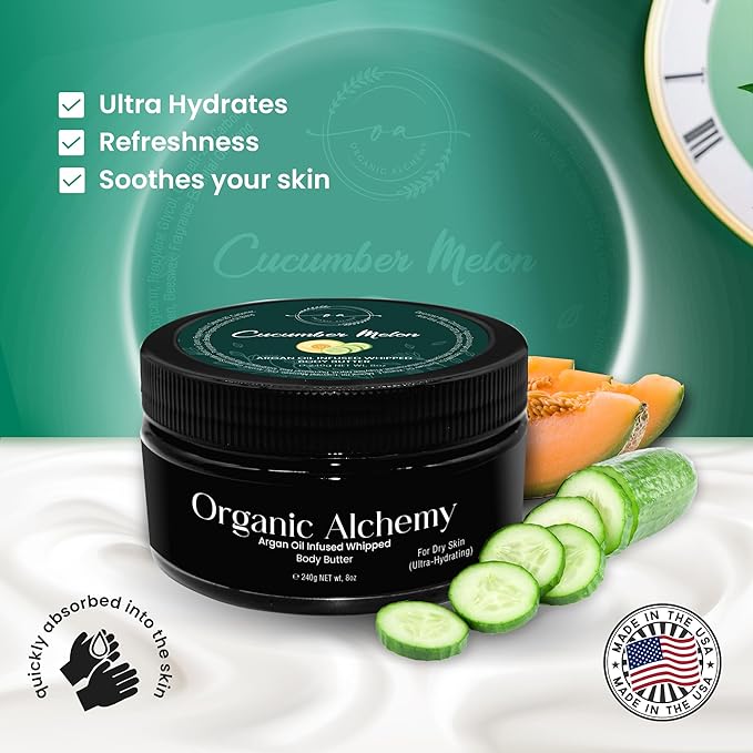 Whipped Argan Oil Body Butter for Dry Skin, Anti-Aging Body Cream Made for Women - Natural Skin Care, 8 OZ (Cucumber Melon)