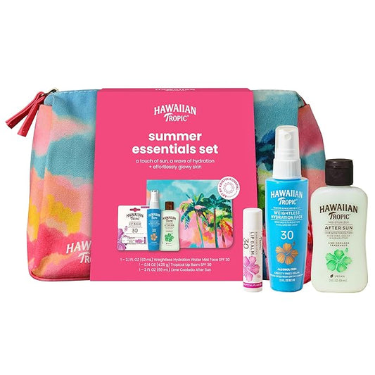 Hawaiian Tropic Summer Essentials Set – Includes Travel Size Sunscreen for Face, SPF Lip Balm, After Sun Lotion & Kristin Konefal Bag | Sunscreen Set, Beach Essentials, Beach Gifts, Travel Kit