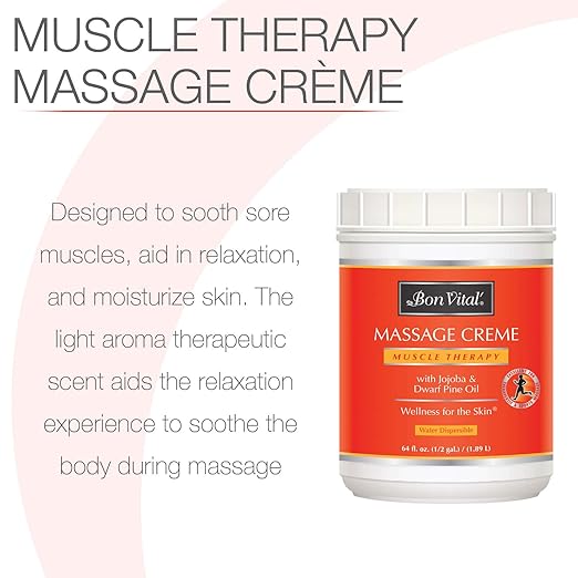 Bon Vital' Muscle Therapy Massage Creme, Professional Massage Cream with Dwarf Pine Oil & Essential Oils for Relaxation & Soreness Relief, Deep Tissue & Sports Massage Techniques, 1/2 Gallon Jar