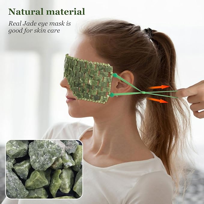 Jade Eye Mask,Large Facial Cooling Mask with Green Ear Strings 100% Real Jade for Hot & Cold Therapy,Green Jade Facial Eyes Sleeping Mask Relief Eye Cover