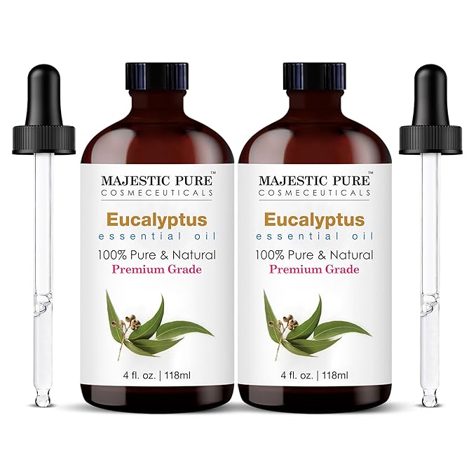 Majestic Pure Eucalyptus Essential Oil | 100% Pure and Natural Eucalyptus Oil | Premium Grade Essential Oils for Hair Care, Home Diffusers, Aromatherapy, Massage and Humidifiers | 4 Fl Oz (Pack of 2)