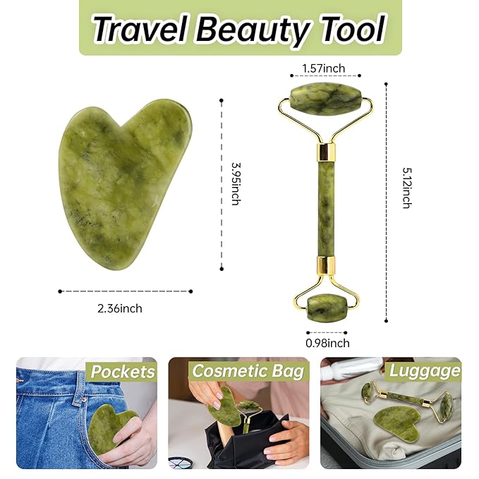 Jade Gua Sha and Face Roller, Real Jade Gua-Sha Stone Facial Tools Set for Reduce Puffiness, Body Guasha Tool for Relieve Neck Tension, Skincare Beauty Massager as Present for Women, Green