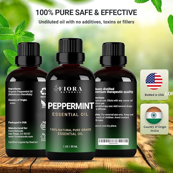 Peppermint Essential Oil by Fiora Naturals - 100% Pure Peppermint Oil for Hair Growth, Skin and Scalp Acne, Diffuser, DIY soap, and Candle Making. Pure Mentha Piperita Oil - 1 oz /30ml