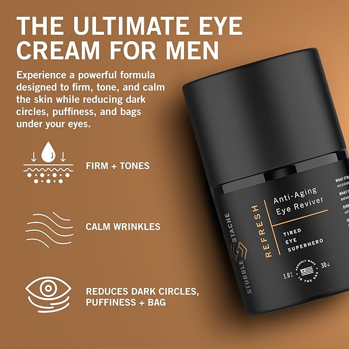 stubble & stache Refresh Under Eye Cream for Men – Reduces Puffiness, Smooths Fine Lines, Brightens Tired Eyes – With Acmella, Caffeine & Hyaluronic Acid – Fast-Absorbing, Fragrance-Free – 1oz
