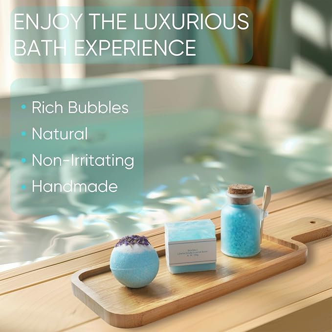 Homemory Gift Women Birthday Bath Sets Body Self Care, Best Spa Basket Christmas Scented Candle & Reed Diffuser Kit Mom Friends Sister With 3D Card (Blue)