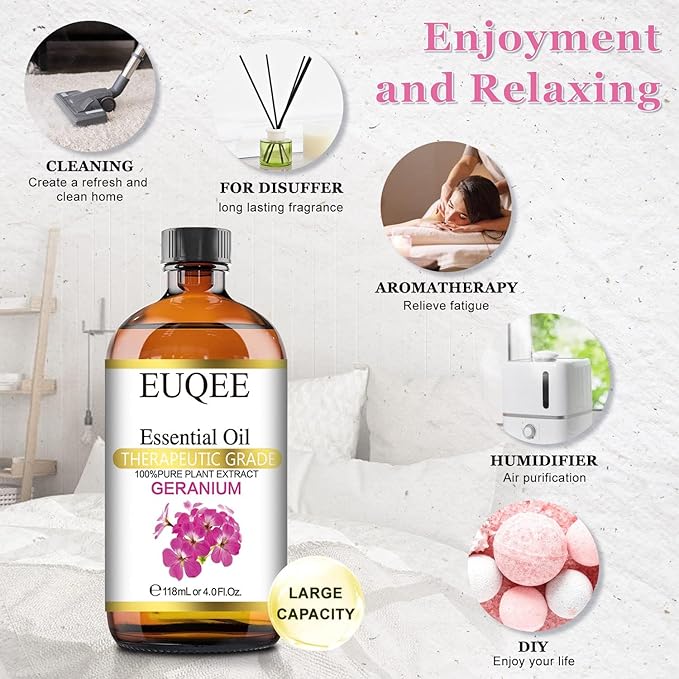 Geranium Essential Oil 118 ml Pure Geranium Oil with Dropper for Diffusers, DIY, Skin Care, Massage, Aromatherapy (4 fl oz)