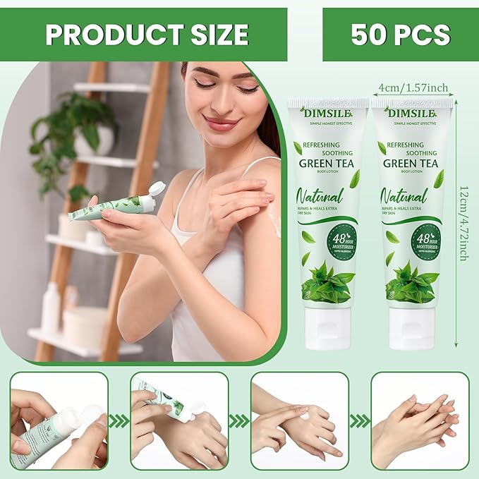 50 Pack Green Tea Travel Size Body Lotion 1 Oz Dry Skin Moisturizer with Flip Cap for Extra Dry Skin, for Inns and Hotels, Airlines, Offices, Gyms and More